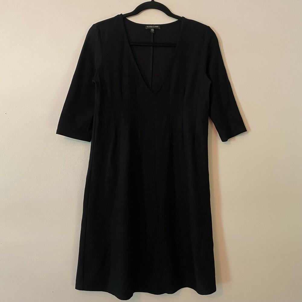 Eileen Fisher Black V-neck 3/4 Sleeve Minimalist Knee Length Dress Petite Small
